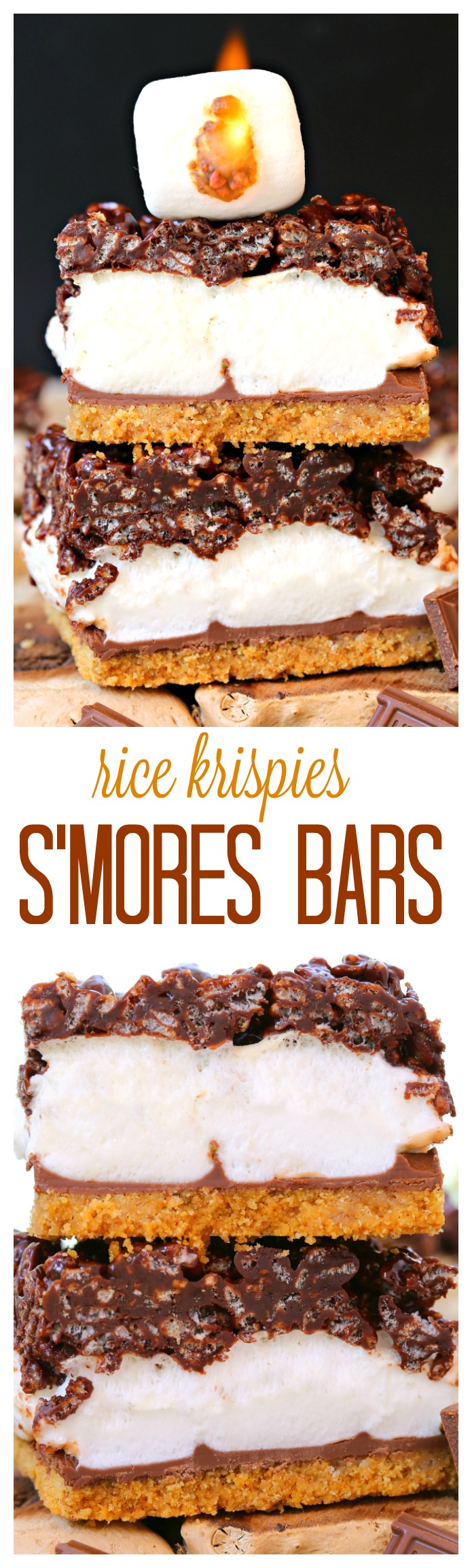 Layers of buttery graham cracker crust, oozing milk chocolate, gooey marshmallows, and chewy chocolate rice krispies, these smores bars will quickly become a summer favorite!