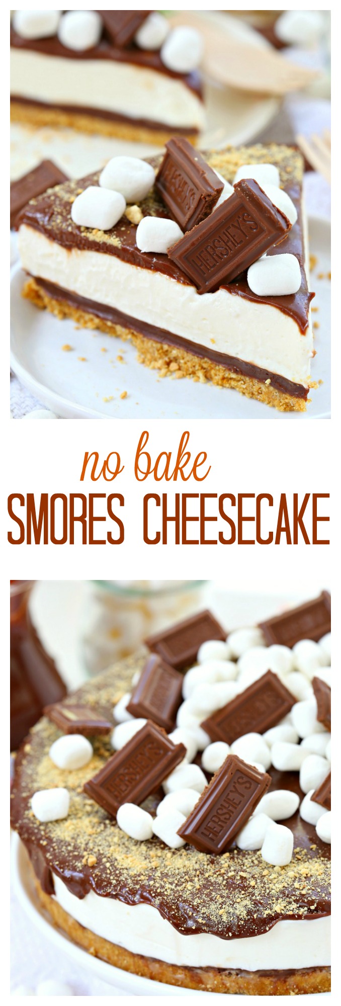 Easy to make no bake smores cheesecake features layers of decadent buttery crust, rich chocolate ganache, airy marshmallow cheesecake filling and a second layer of chocolate ganache. One bite and you're in love!