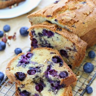 No mixer needed to make this incredibly soft blueberry bread loaded with fresh blueberries and crunchy pecans. Perfect to snack on along with a cup of coffee or tea.