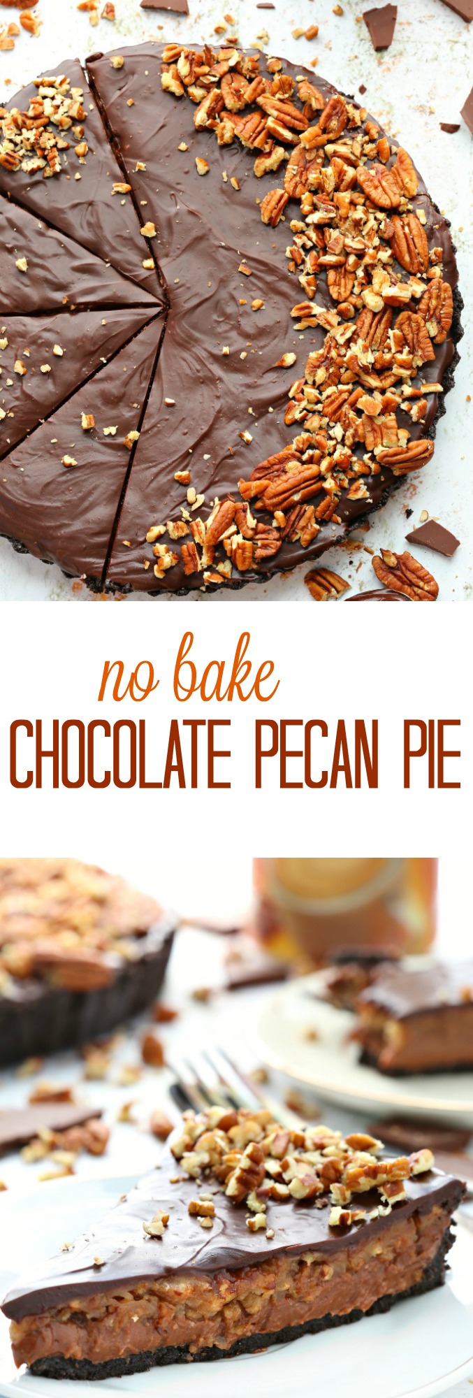 A twist on the classic Thanksgiving dessert, this no bake chocolate pecan pie features three layers of chocolate goodness and a very generous amount of pecan pie filling. Everyone will rave about it!