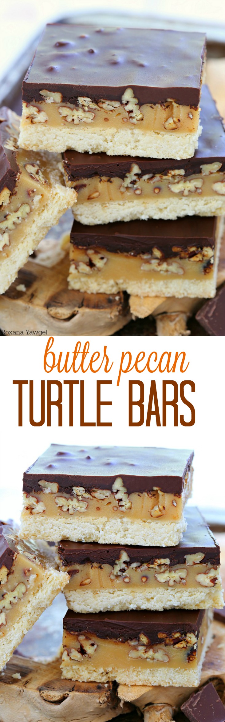 Easy to make butter pecan turtle bars everyone will go crazy over! Buttery cookie, gooey caramel, crunchy pecans and rich ganache - 4 layer of goodness in every bite! 