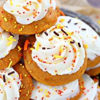 Soft pumpkin cookies with mascarpone frosting are moist, cake-like cookies and dangerously addictive. The delicious pumpkin puree and spices balance each other so well, no one can stop at just one cookie! Sprinkles are mandatory!