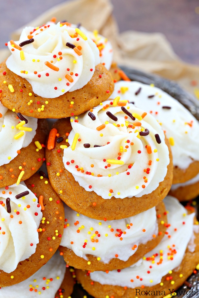 Soft pumpkin cookies with mascarpone frosting are moist, cake-like cookies and dangerously addictive. The delicious pumpkin puree and spices balance each other so well, no one can stop at just one cookie! Sprinkles are mandatory! 