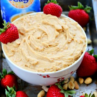 Only THREE ingredients needed to make this light, protein-packed vanilla peanut butter dip! Use it to dip fresh fruit, veggie sticks, pretzels, and more. SO peanut-buttery and SO delicious!!